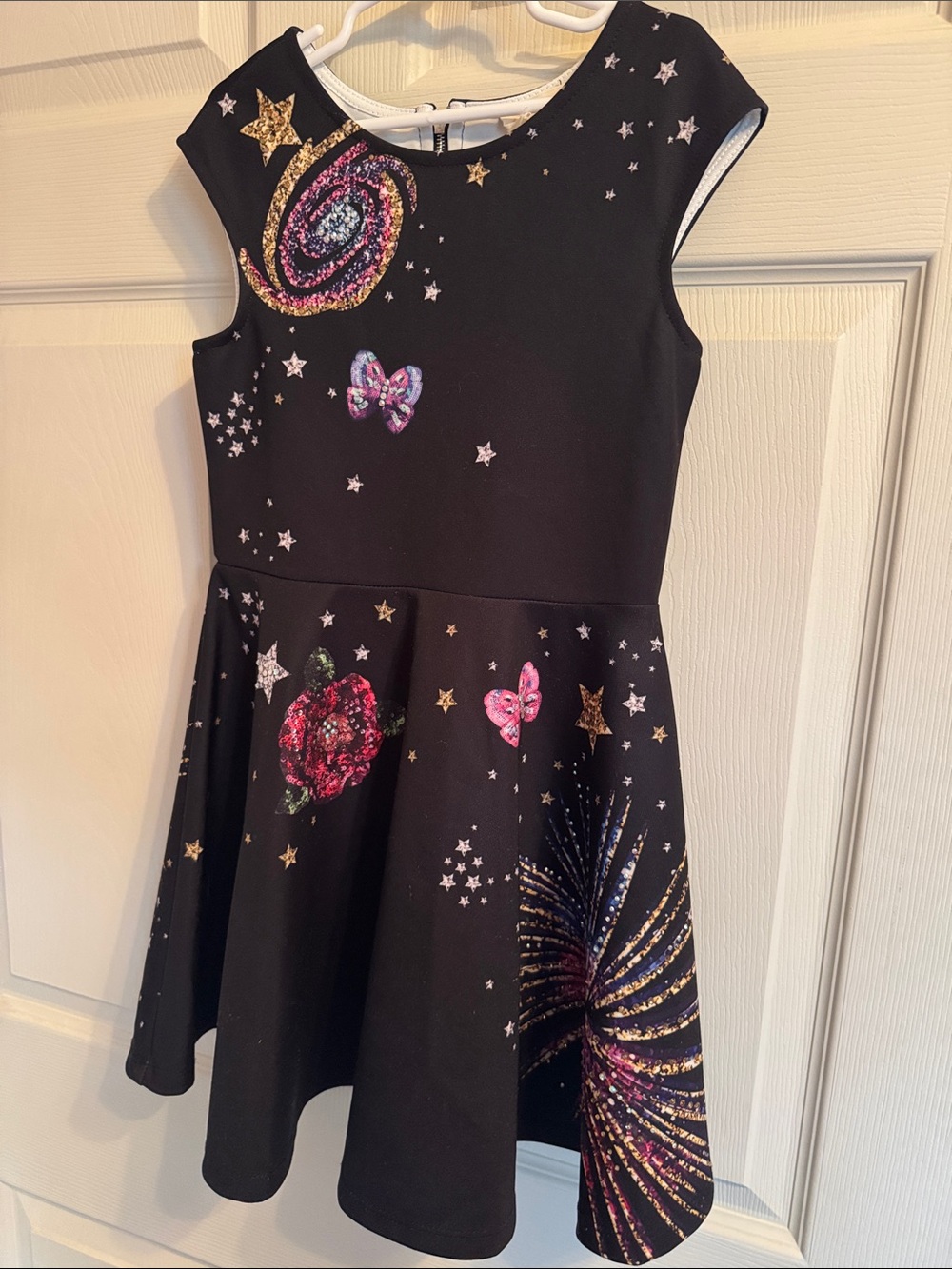 Hannah Banana Black Girls' Space & Star Print Casual Dress with Pink Accents
